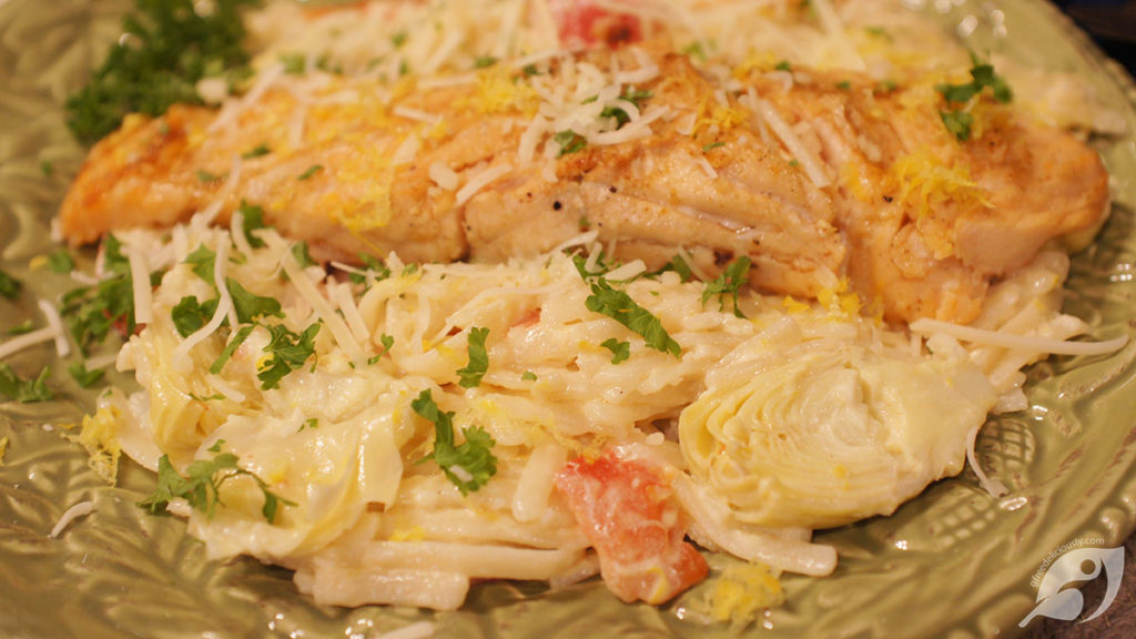 Baby Artichoke Hearts & Tomato Linguine Served with Baked Salmon & Lemon Cream Sauce