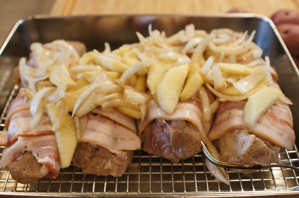 Smoked Bacon-Wrapped Country-Style Ribs with Apple and Onion