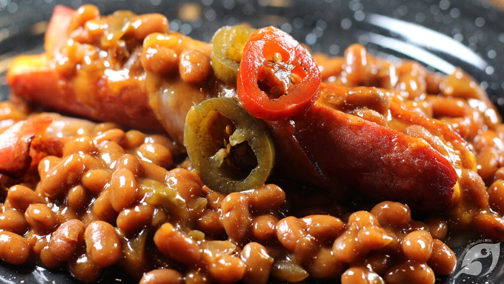 Grilled Bacon-Wrapped Chipotle Cheddar Cheese Stuffed Hotdogs & Beans