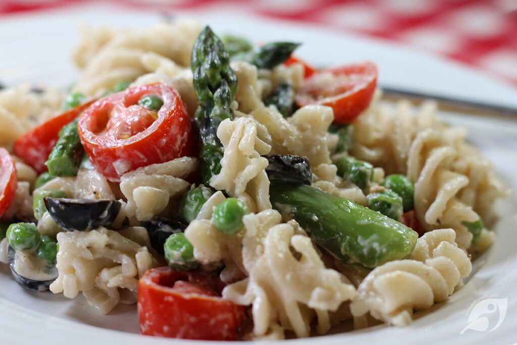 closeup of Asparagus and Pea Macaroni Salad on a plate