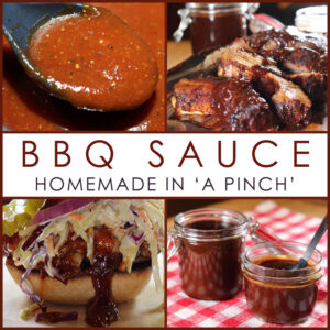 Social Sharing Graphic 4-up Homemade BBQ Sauce in ‘A Pinch’ sauce, ribs, sandwich