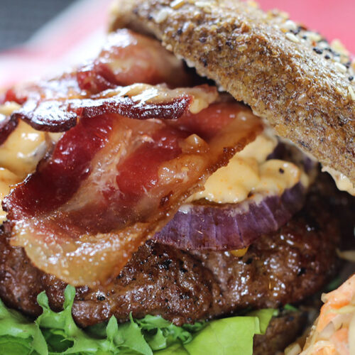 Southwest Rodeo Burgers with beef, bacon, cheese, onion and spicy rodeo aioli sauce