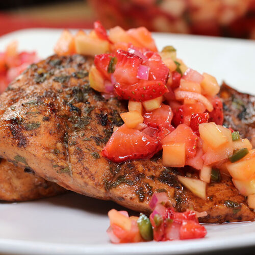 Strawberry Balsamic Grill-Glazed Salmon Fillets closeup on plate