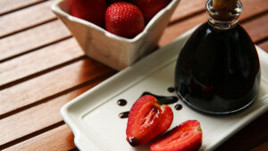 Strawberry Balsamic Vinegar with strawberries and balsamic drizzle