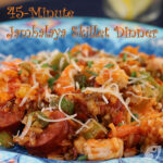 45-Minute Jambalaya Skillet Dinner closeup plated with andouille sausage and shrimp