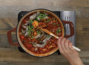 step 3, add peas and shrimp to the pot