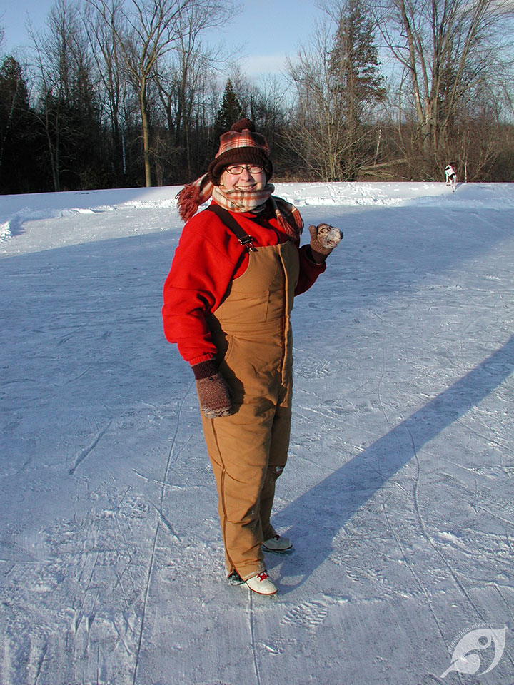 Kymberley ice skating on the pond.