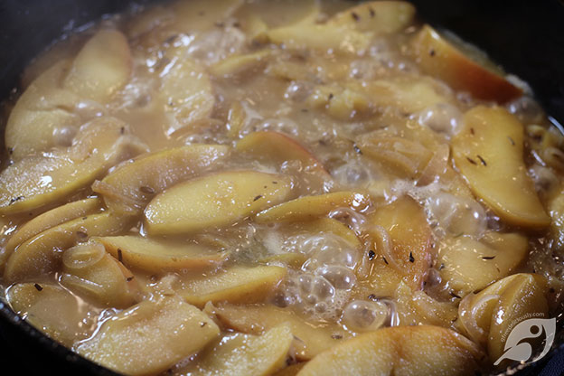 apples and shallots cooking in a cast iron skillet with chicken stoc and mustard