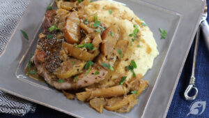 Pan-Seared Pork Chops with Apple & Parsnip Pureé plated