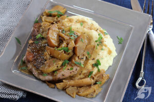 Pan-Seared Pork Chops with Apple & Parsnip Pureé plated