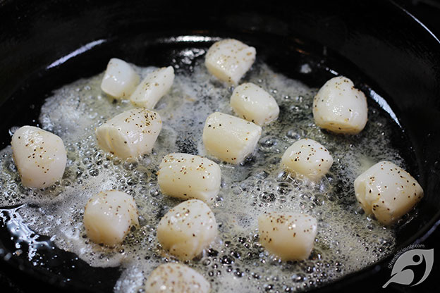 sea scallops sreating in a cast-iron pan