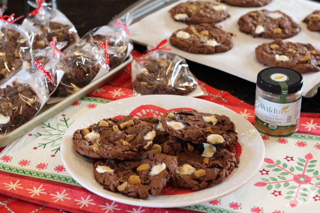 S'mores cookies on a plate with more cookies in the background