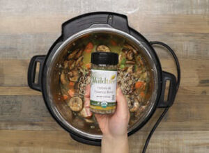 Mirepox (Onions, Carrots and Celery), mushrooms and garlic Chicken broth and Herbes de Provence in an Instant Pot