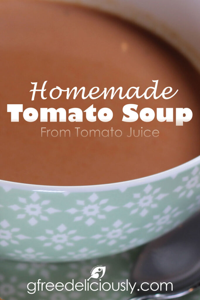 Closeup bowl of Tomato Soup Pinterest share graphic 800x1200px