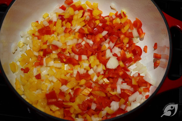 Step 1 - Peppers, onions and olive oil in a high-sided pot or deep skillet