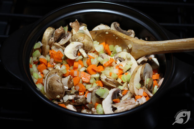onions, celery, carrots, mushrooms in a dutch oven