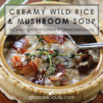 Closeup social share image of Creamy Wild Rice & Mushroom Soup in a bowl