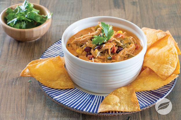 Chicken Enchilada Soup bowl on a plate with tortilla chips and cilantro garnish