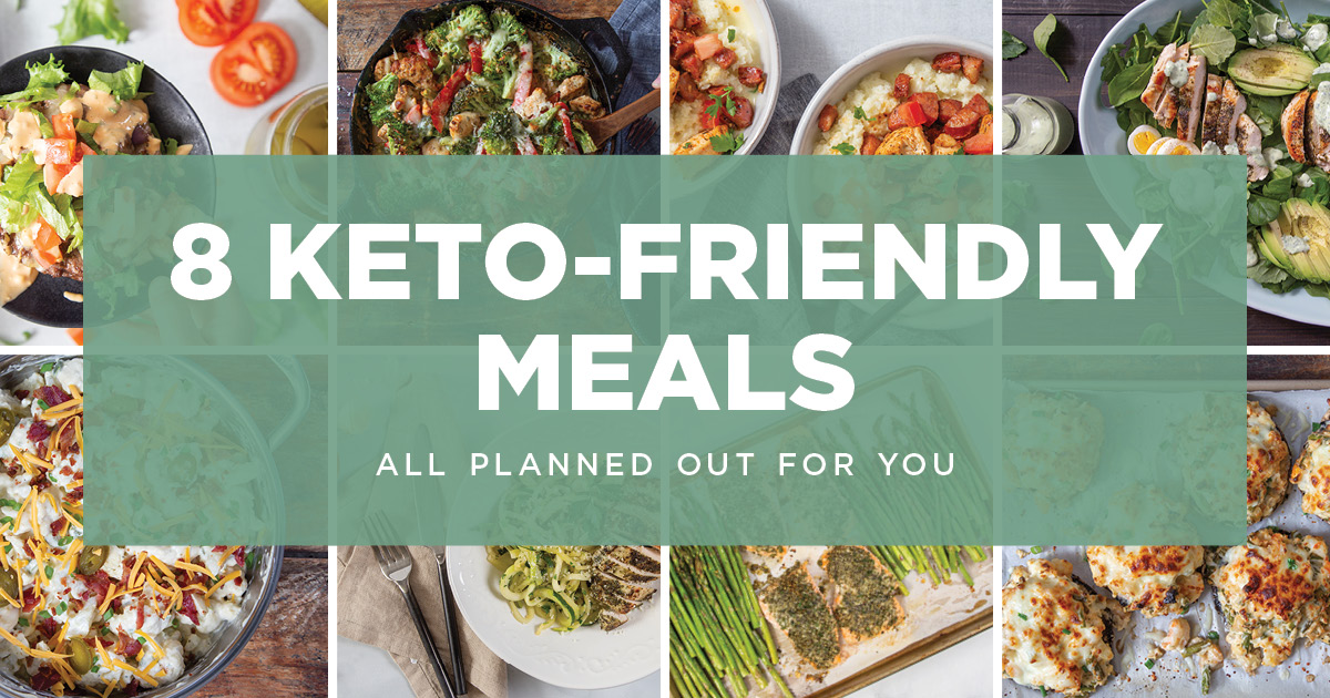 8 Keto-Friendly Meals graphic crid with recipe pictures