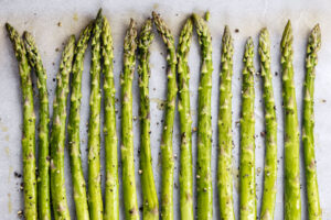 Asparagus spears with garlic grapeseed oil and rancher steak rub.