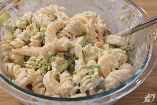 Toss lightly, then gently fold in the shrimp or other protein you’ve chosen.