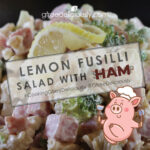 Lemon Fusilli Salad with Ham background with cartoon pig two thumbs up social sharing image 728x728 px