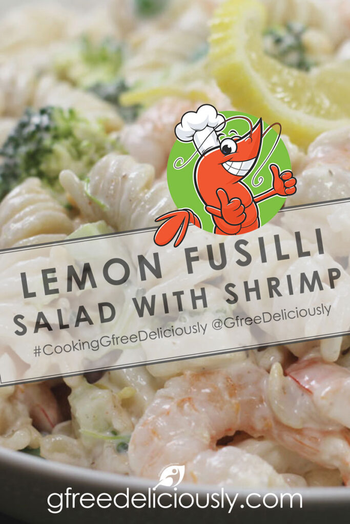 Lemon Fusilli Salad with Shrimp background with cartoon shrimp two thumbs up Pinterest sharing image 800x1200 px