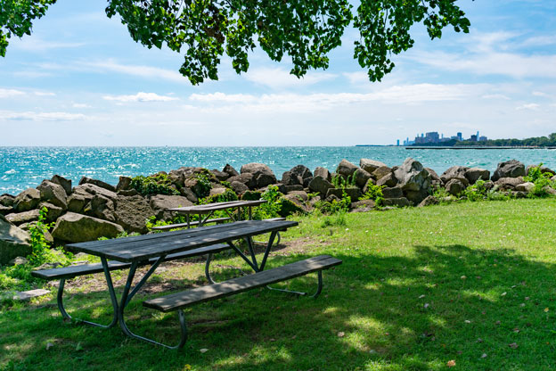 Shaded Picnic Table at a Park along Lake Michigan in Evanston, Illinois.