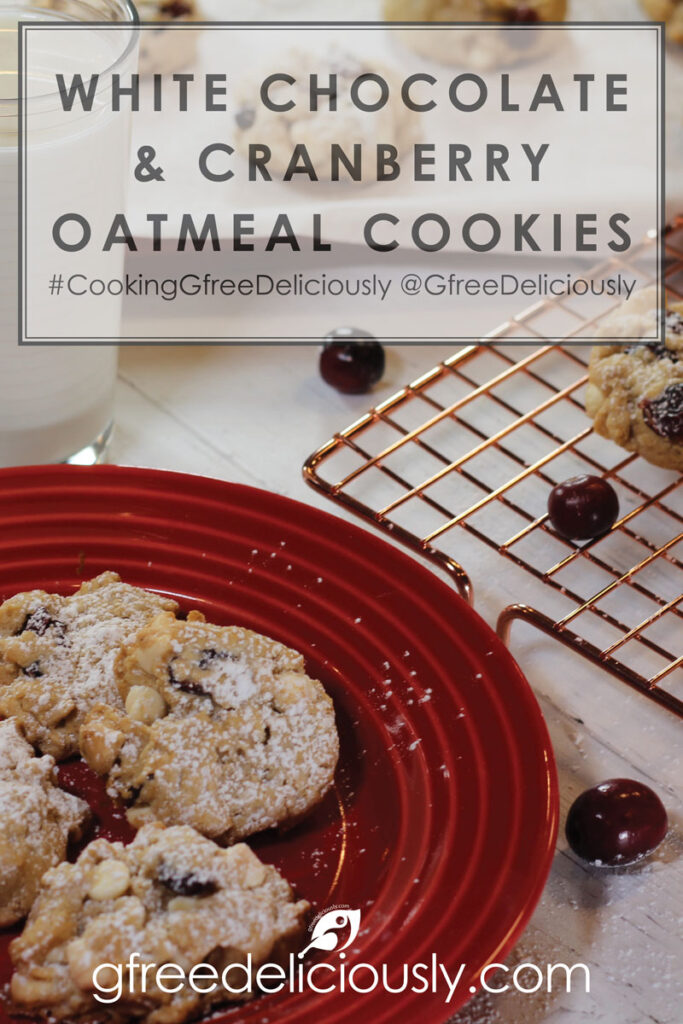 Decadent White Chocolate and Cranberry Oatmeal Cookies Pinterest share graphic 800x1200px