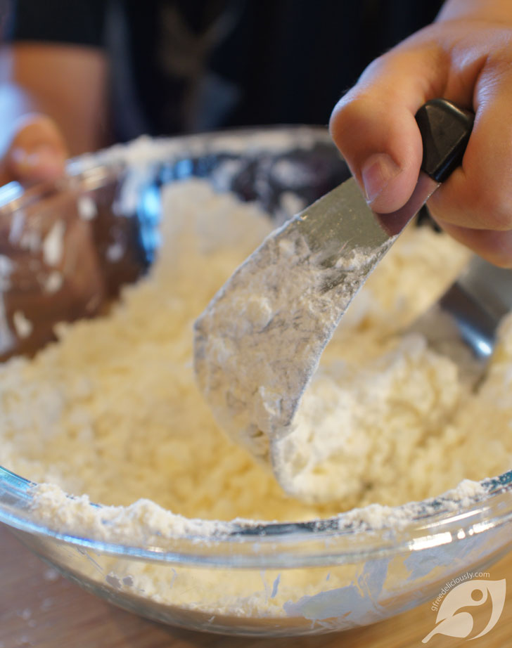Using a pastry blender, cut the butter into the flour and powdered sugar until pea-size crumbs form.