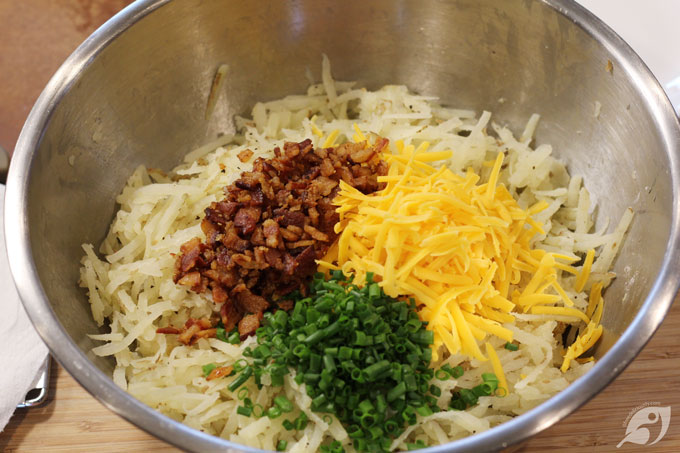 Add the bacon, cheese, and chives, gently combining again. Don’t overmix, as the potatoes will become very starchy and pasty.