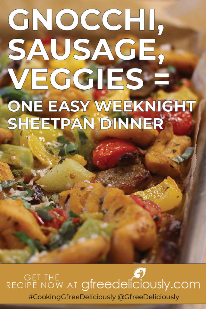 Gnocchi, Sausage, Veggies = One Easy Weeknight Sheet Pan Dinner Pinterest share image 800x1200 px