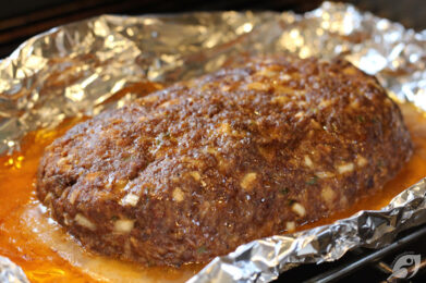 Freeform grill the meat with the lid closed for 1-1/2 to 2 hours, allowing the smoke to flavor the meat as it cooks. You’ll know it’s ready to remove from the grill when an instant-read thermometer inserted into the thickest portion registers 155° to 160°F. Take off from the grill and let it rest for about 45 minutes.