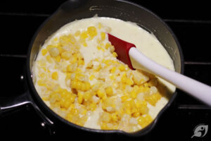 Then stir in the sweet corn kernels, and that’s it! Now, all you need to do is assemble the casserole.