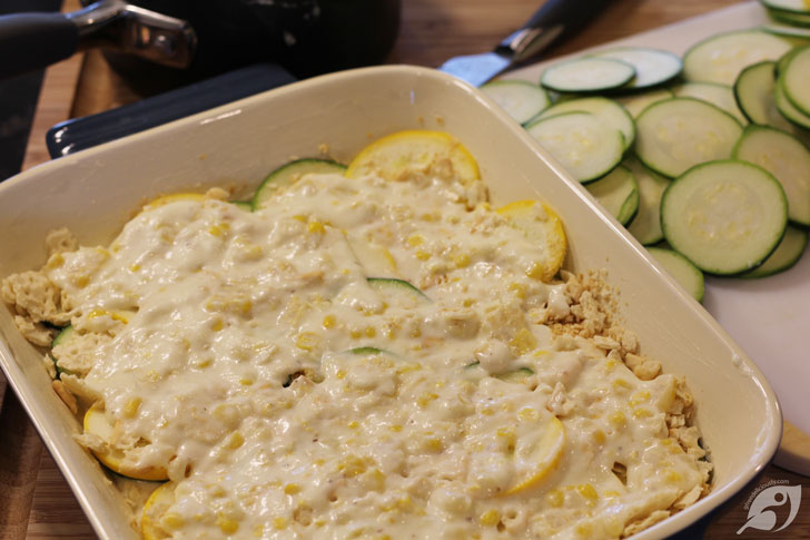 Cover with crushed saltine crackers. Repeat the layers twice, beginning with the sauce, squash, then crackers...