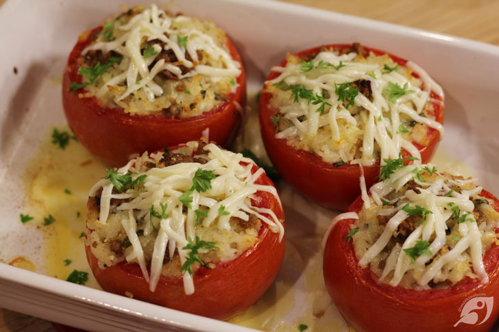 Place the baking dish in the oven, baking for 15 minutes or until the tomatoes become tender, then broil on high for 1-3 minutes until the filling begins to bubble and brown.
