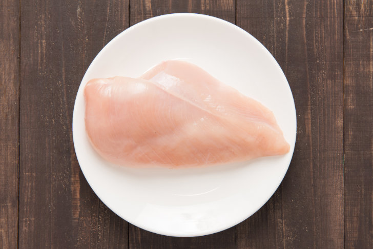 Raw chicken breast fillets on white dish
