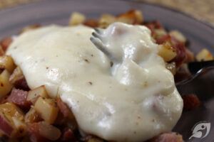 Serve ladled over hash to suit.