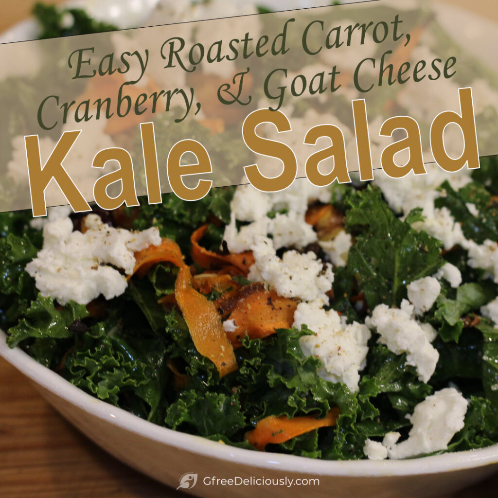 A beautifully captured image of a bowl filled with vibrant Roasted Carrot, Cranberry, and Goat Cheese Kale Salad.