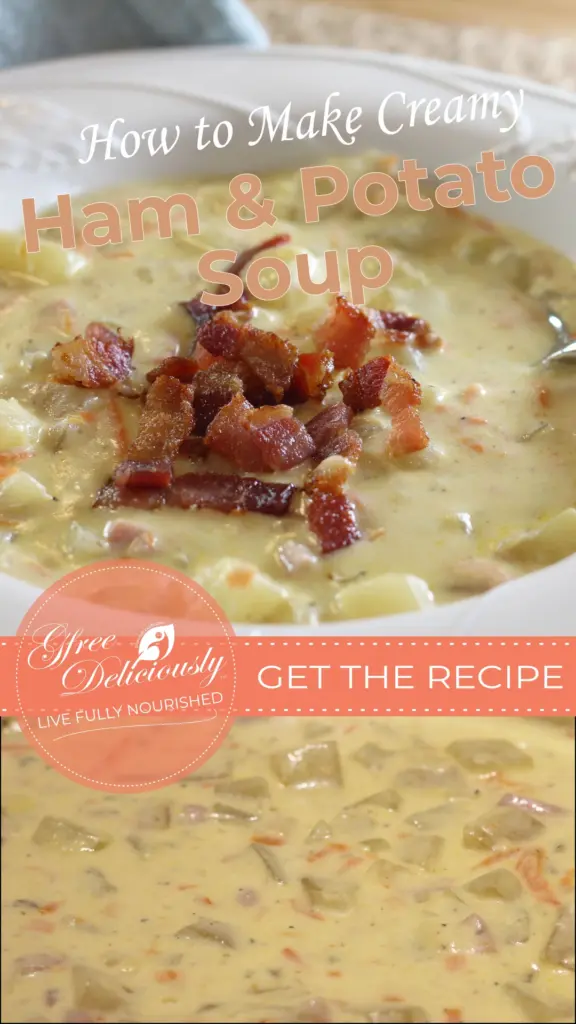 A beautifully captured image of a bowl filled with vibrant and aromatic Creamy Ham and Potato Soup garnished with crispy bacon pieces.