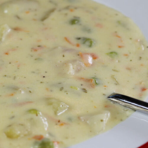 1200x628 px feature image closeup of a bowl of seafood chowder.