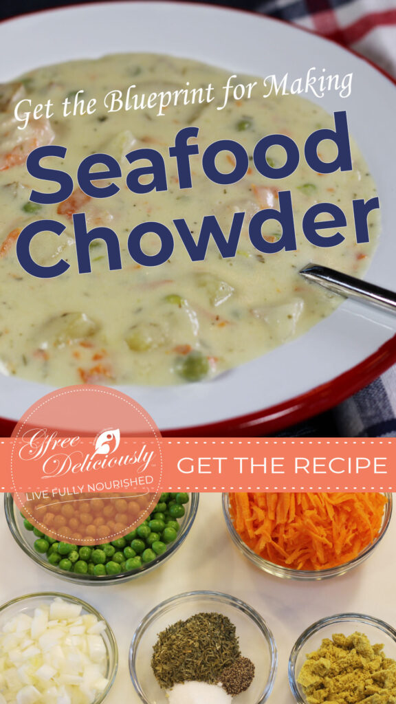 1080x1920 px pinterest share image featuring a bowl of seafood chowder on the top half of the graphic and ingredients on the bottom.
