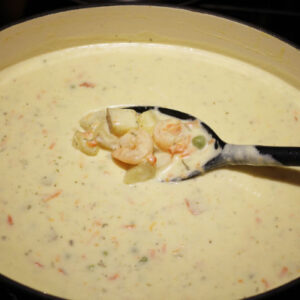The Dutch oven is shown with the seafood added. the chowder is thickened.