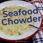 1080x1080 px social share image featuring a bowl of seafood chowder.