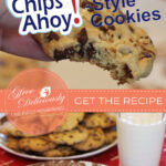 1080x1920 px Pinterest share image showing a closeup of a Chips-Ahoy-style cookie with a bite out of it at the top of the graphic and plates with the cookies and a glass of milk next to them on the bottom.