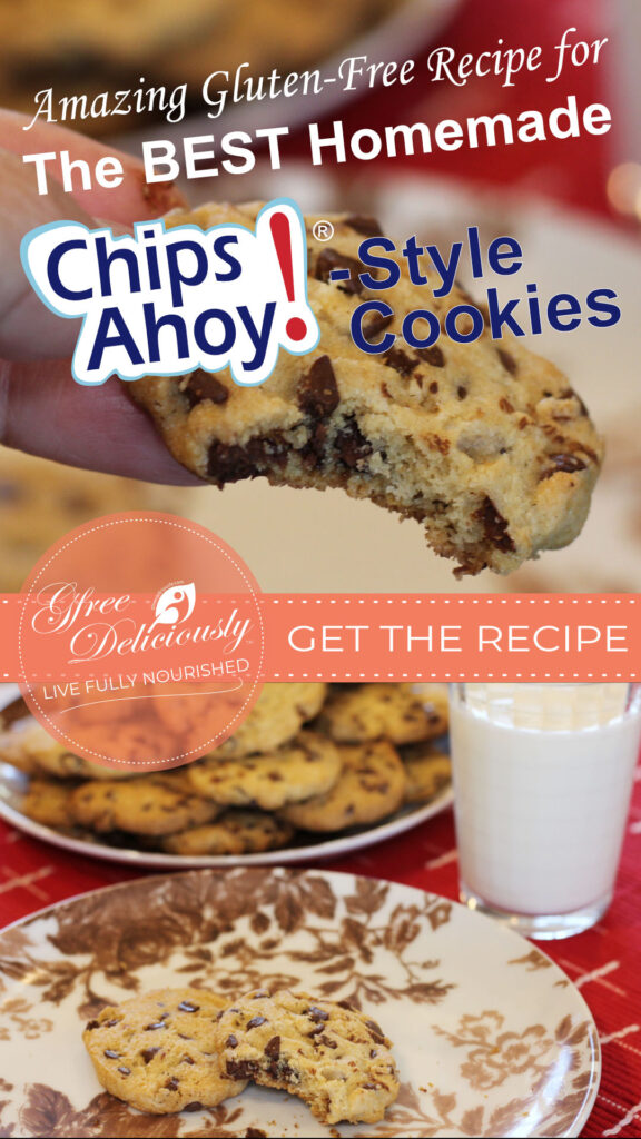 1080x1920 px Pinterest share image showing a closeup of a Chips-Ahoy-style cookie with a bite out of it at the top of the graphic and plates with the cookies and a glass of milk next to them on the bottom.