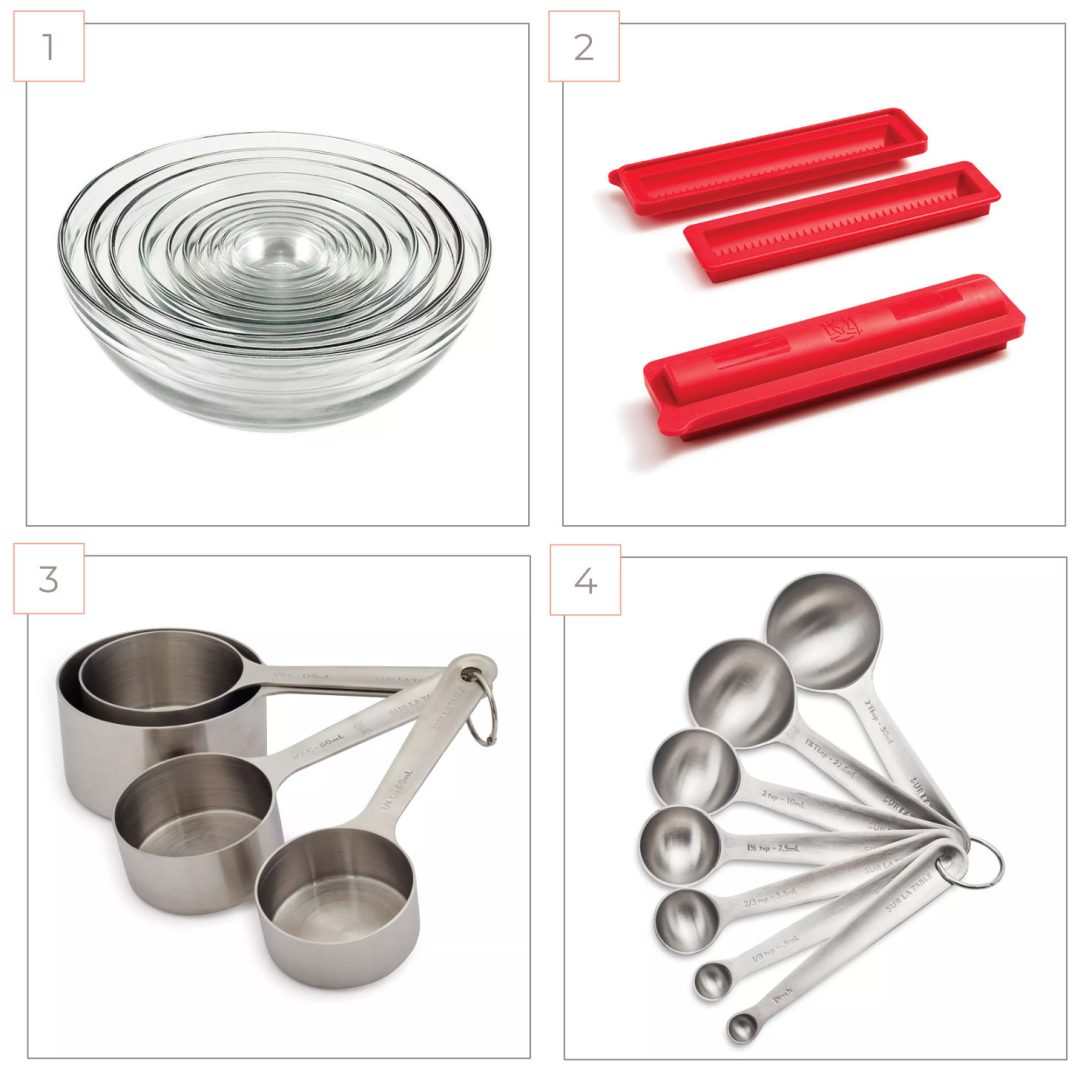 Graphic featuring four kitchen equipment items used in making this recipe.