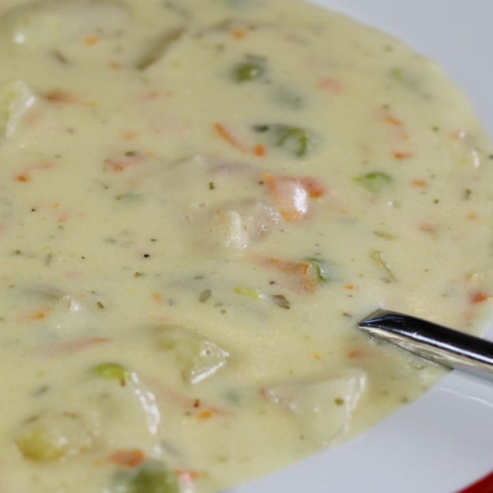 1200x628 px feature image closeup of a bowl of seafood chowder.
